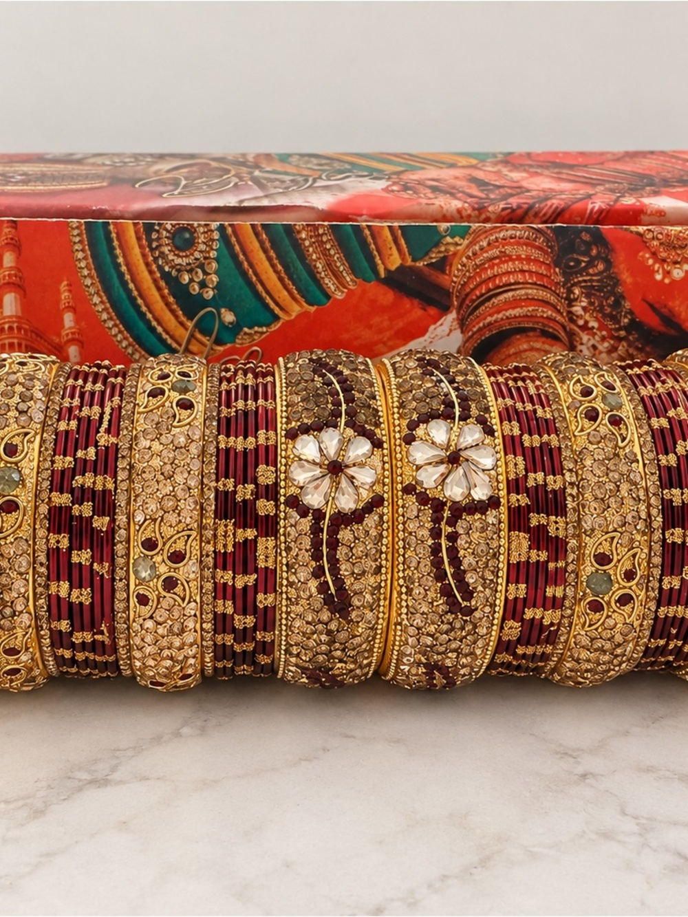 Traditional Gold-Tone and Maroon Bridal Bangle Set